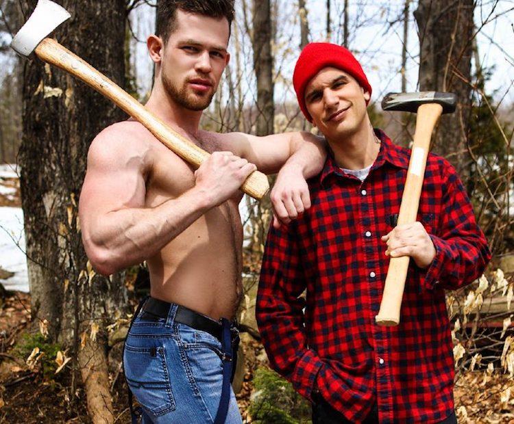 Beefy and hung tatted stud Ryan Bones is choppin' wood in the forest when blond fellow French Canadian hottie Ethan Chase passes by, offering Ryan a chance to take a break and break Ethan's fine ass, too.